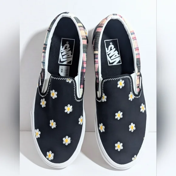 Vans Classic Slip-On Floral Plaid Patchwork embroidered daisies. Sz M7 W8.5 - Picture 2 of 11